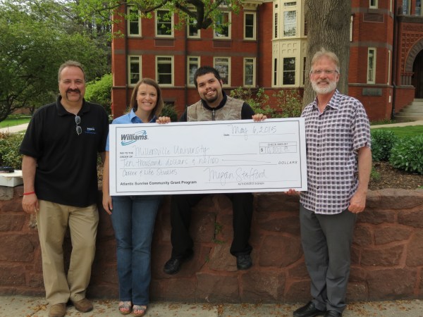 Williams local outreach partners Scott Carney and Megan Stafford presented a check to Millersville University student Daniel Castellanos, a student enrolled in this innovative program, and Professor Thomas Neuville.