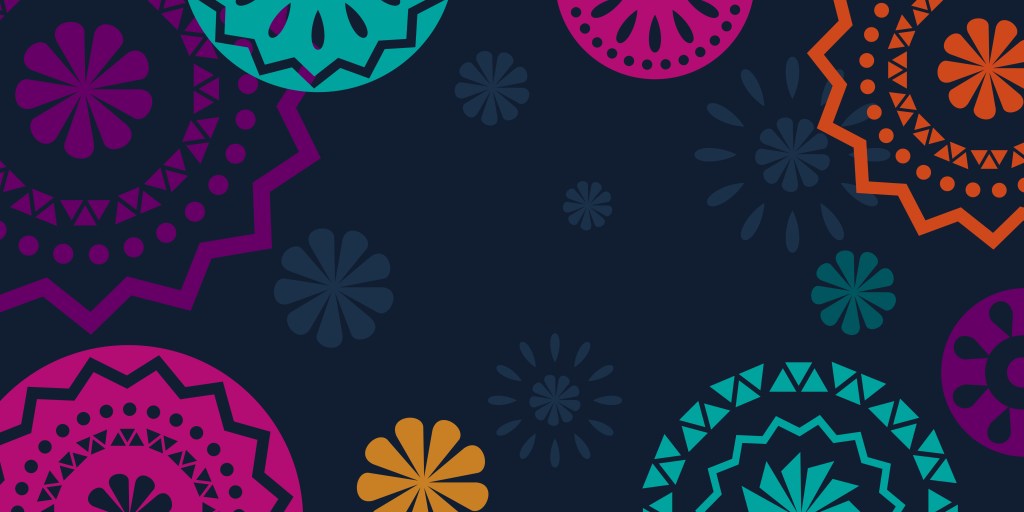 colorful Mexican cutouts on navy blue background